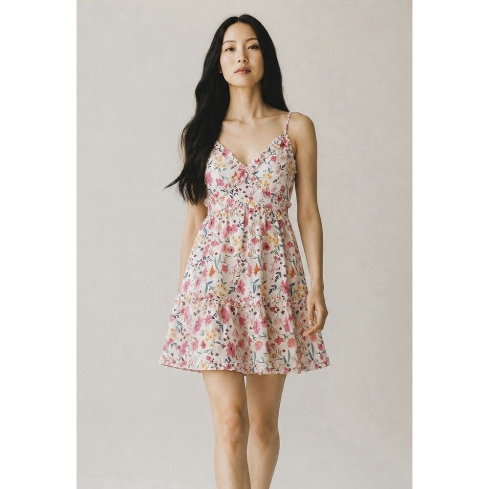 ChicMe White/Pink/Yellow/Blue Floral Ruffle V-Neck Strappy Mini Dress Size S